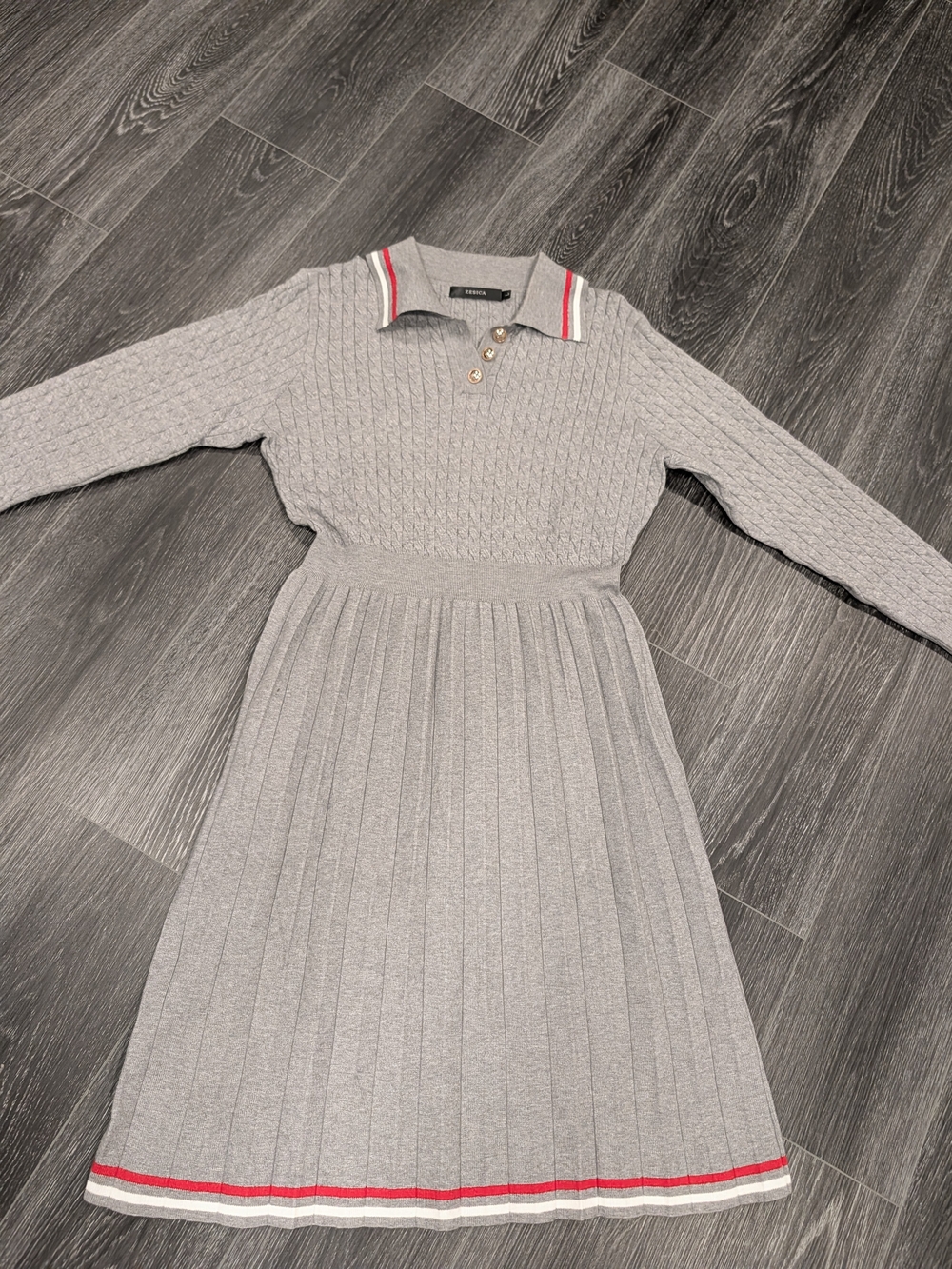 Women's Long-Sleeve Gray Knit Polo Dress with Red Trim